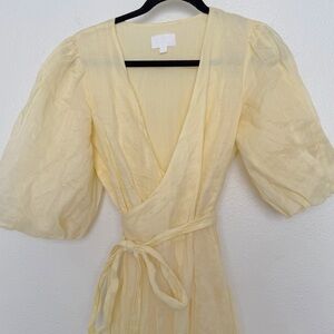 EVERY Butter Yellow Short Puff Sleeve Tie Waist Wrap Mini Dress